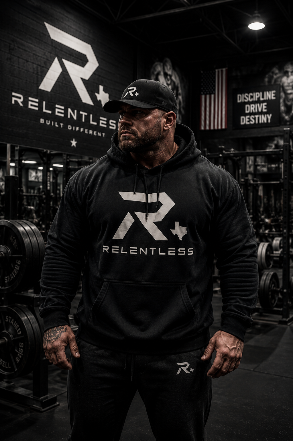 Male athlete wearing a Relentless hoodie