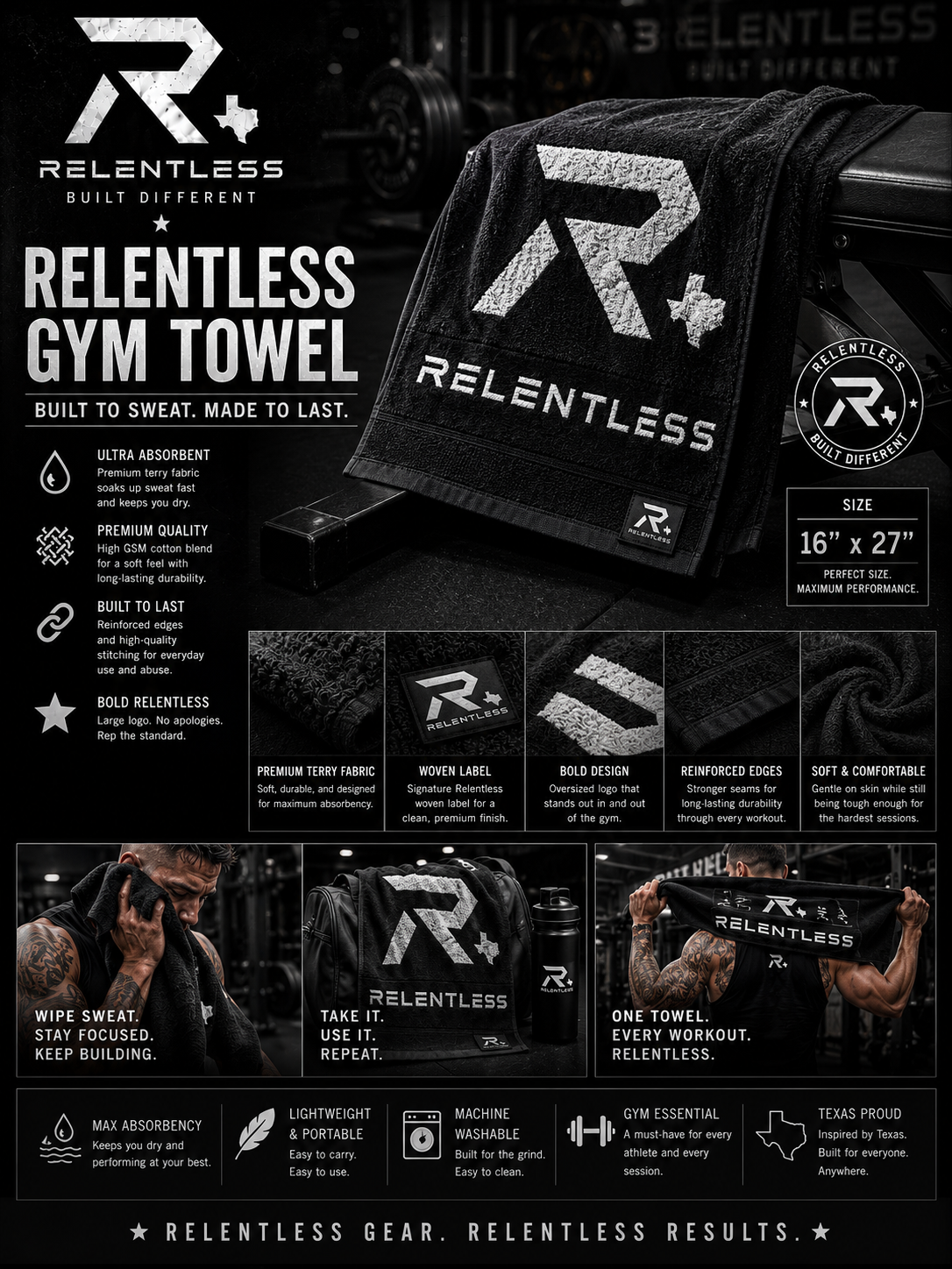 Relentless gym towel product board