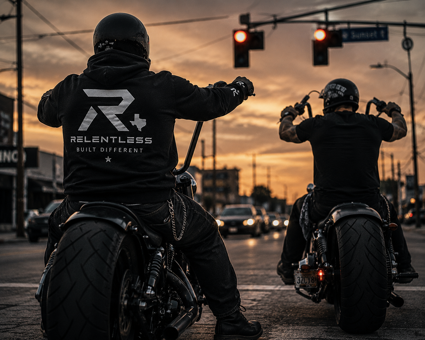 Relentless brotherhood riding out at sunset