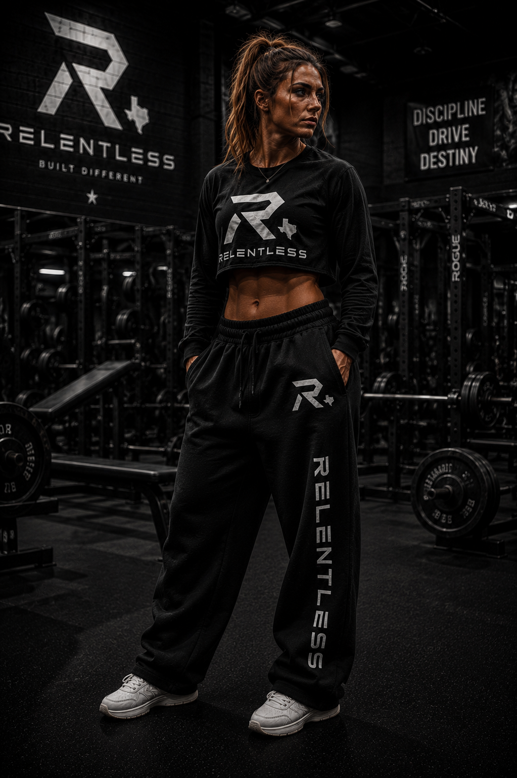 Female athlete in the full Relentless crop hoodie and joggers set