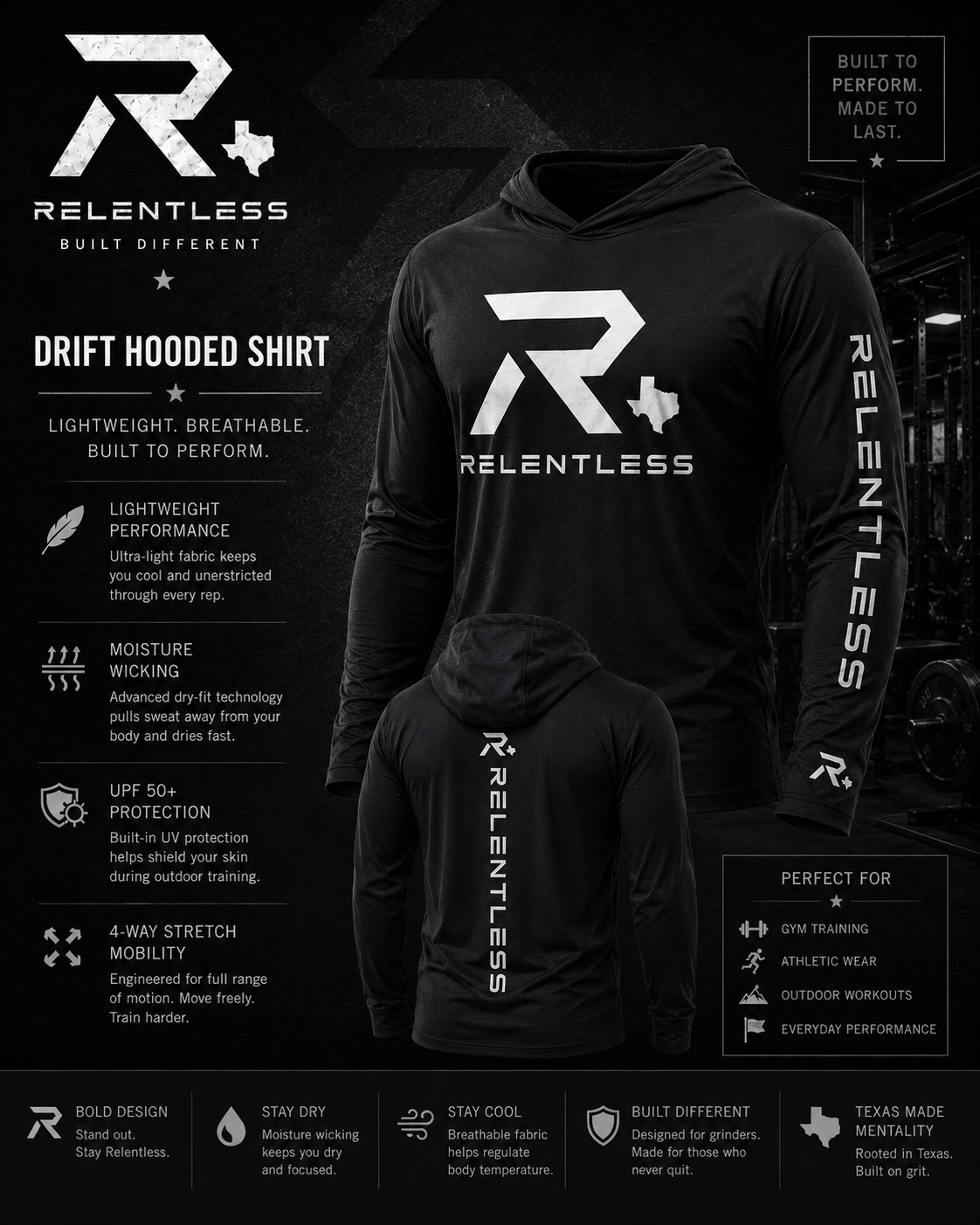 Relentless drift hooded shirt product board