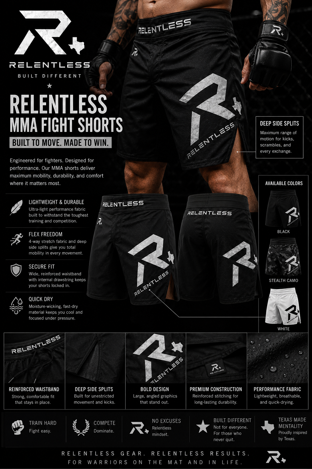 Relentless MMA fight shorts product board