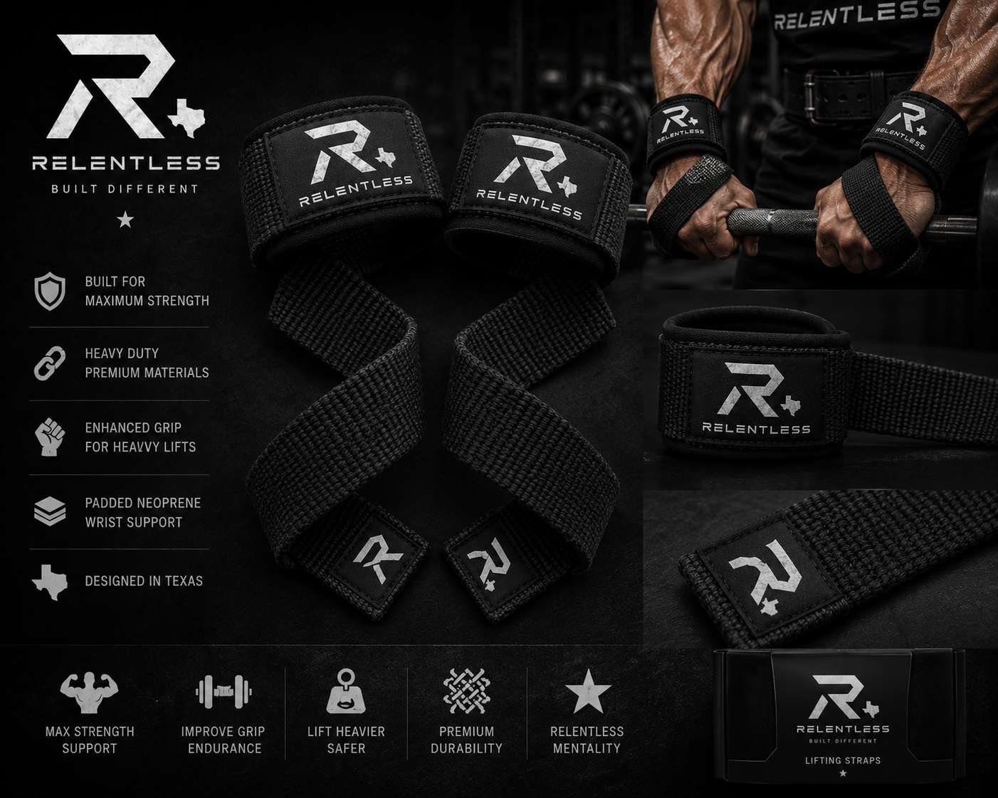 Relentless lifting straps product board